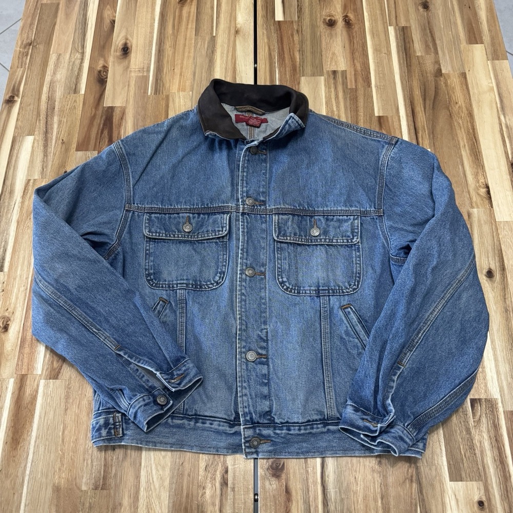Vintage Banana Republic Denim Jacket Womens M Blue Leather Collar Trucker 90s
